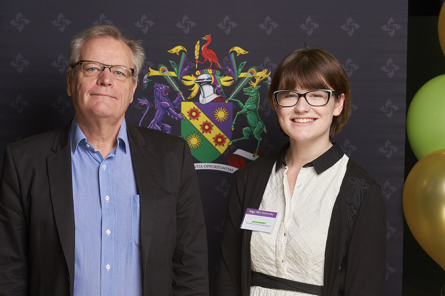 Rhiannon Evans Poetry Award scholar Bronte Pleasants, with lecturer Robert Sheppard, at a Scholarship Awards Evening.