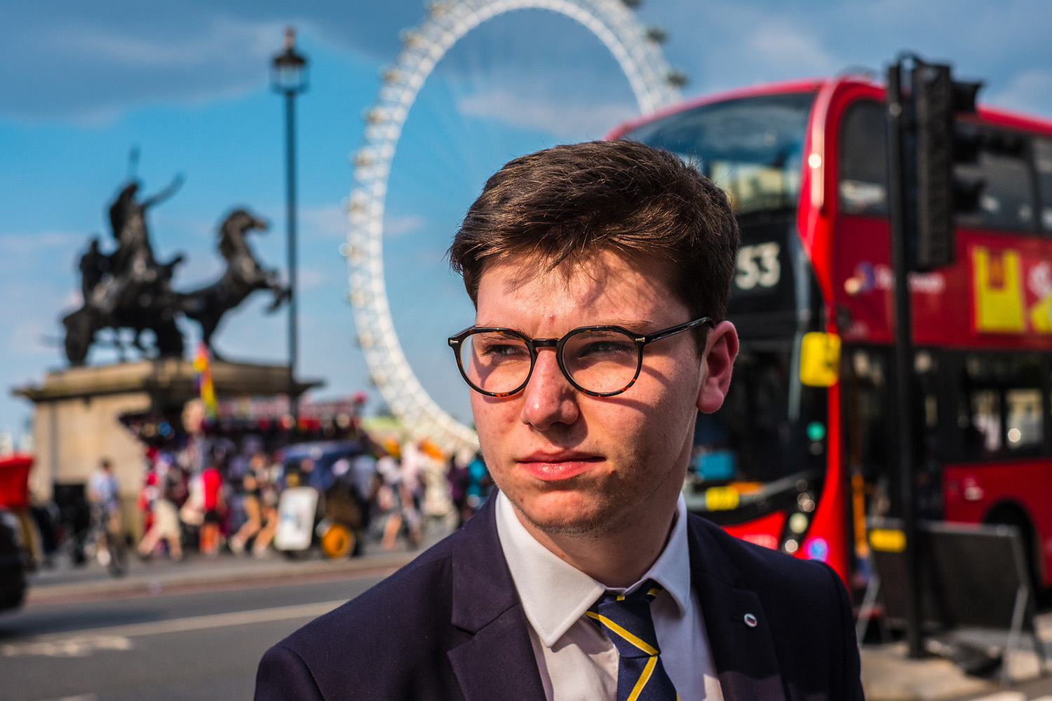 Student Thomas de Freitas in front of the London Eye during his time in London attending the Young Diplomats Forum.