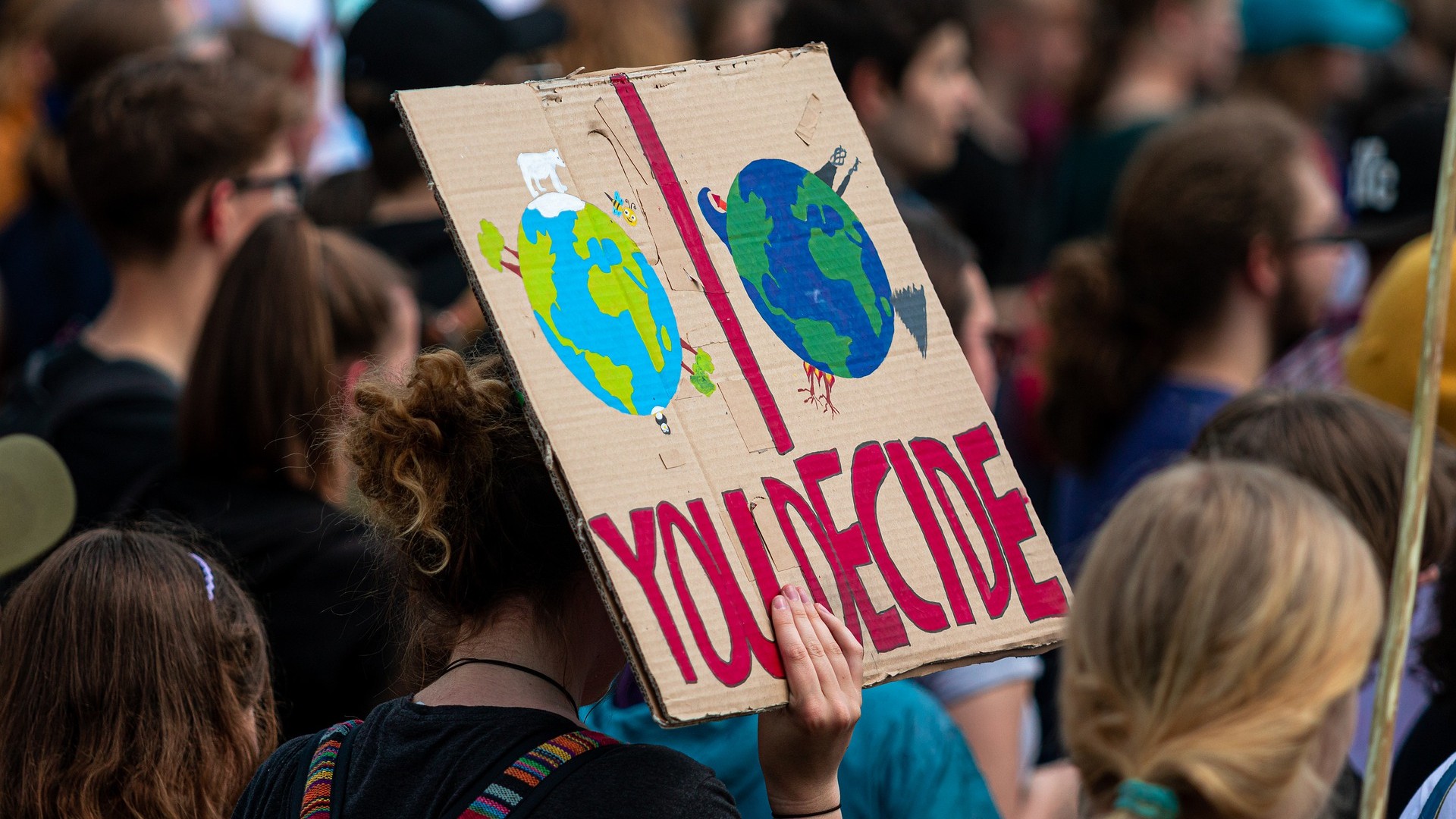 A group of protesters. One holds a placard that says you decide on it and the two pictures of the earth. 