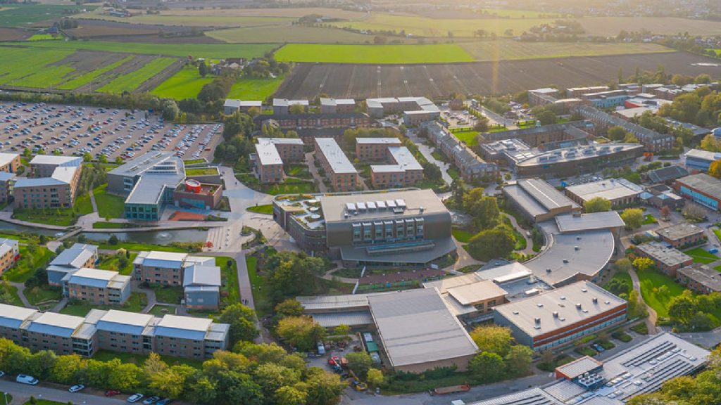 An aerial view of the entire Edge Hill University campus in the day.