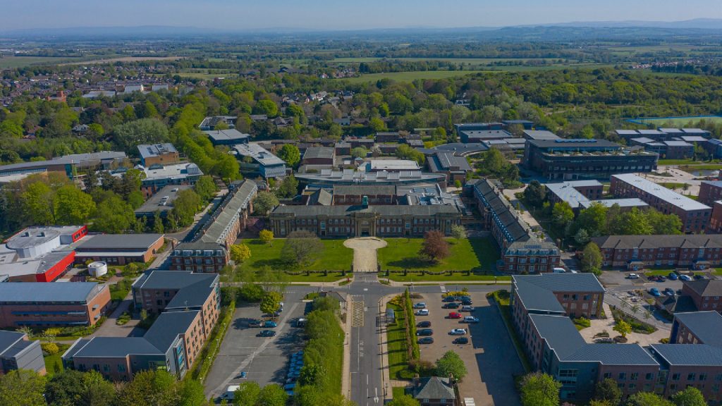 An image of an aerial view of the front of Edge Hill Universities campus.