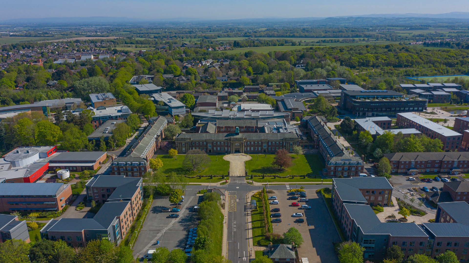 An image of an aerial view of the front of Edge Hill Universities campus.