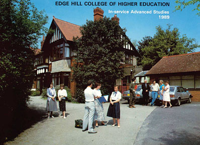 Front cover image of In-service Advanced Studies 1989 brochure, featuring picture of staff and students outside Edge Hill campus building