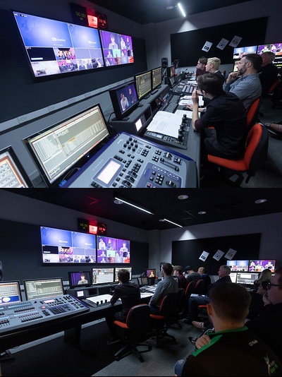 Two images of people recording in a studio