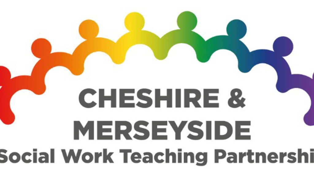 An image of the logo for the Cheshire and Merseyside social work teaching placement, there is a figure of multiple people holding hands, each is a different colour.