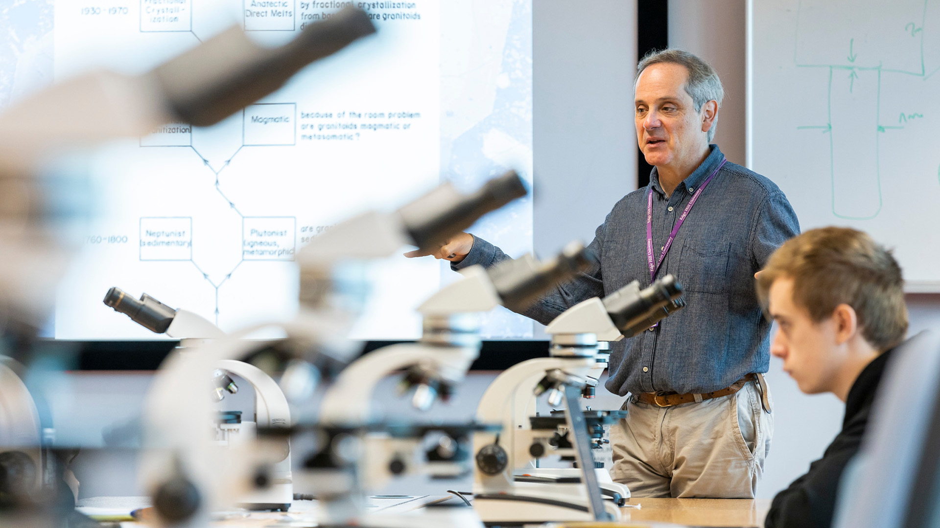 A teacher standing by a board in a geosciences lesson
