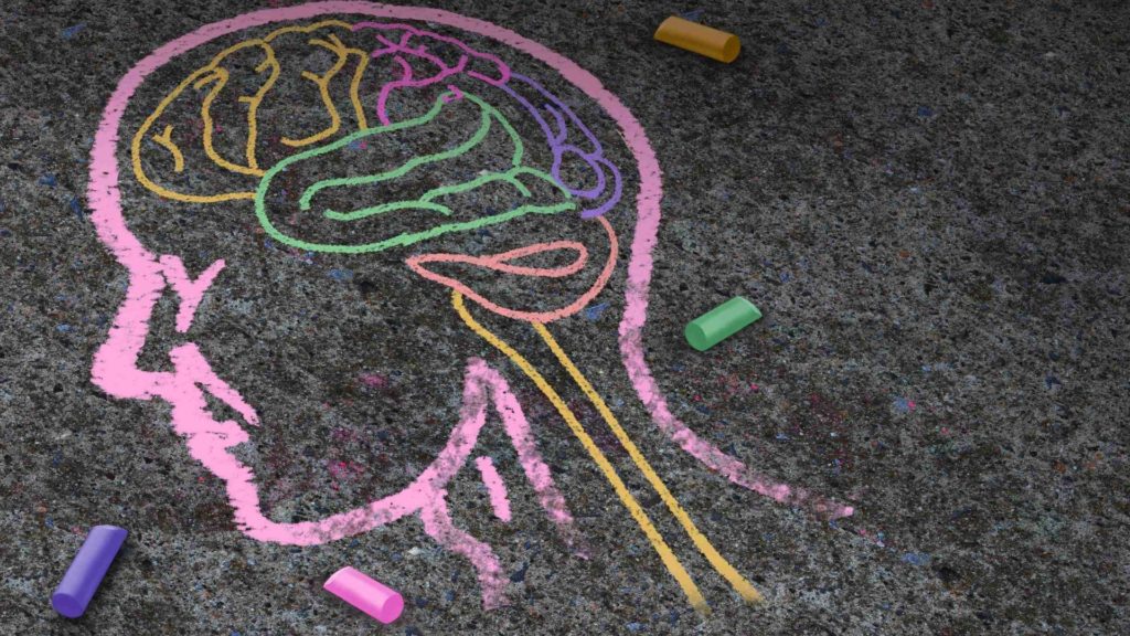 An image of a chalk drawing on a floor on a head with a brain inside.