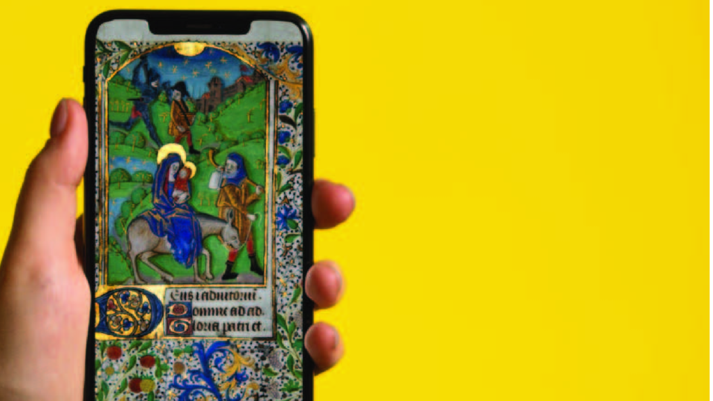    An image of a mobile phone, on the phone is an image of a medieval drawing and text underneath. The image is on a yellow background. 