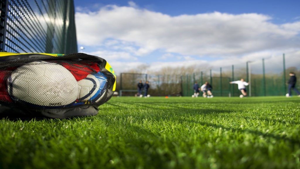 a picture of a bag of footballs on football pitch