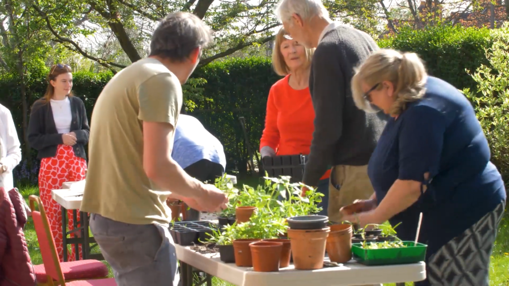 A picture of a group of people planting plants in pots.