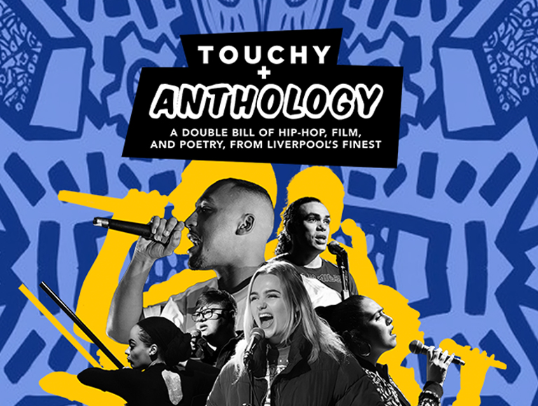 Poster for Touchy & Anthology. It includes images of 6 performers photographed in b&w against a vibrant blue background.