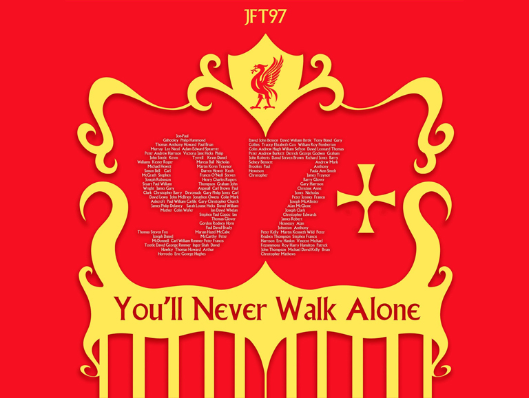 Graphic for JFT97. It includes the Liverpool Football Club logo and the '97' is made up of all the names of those who passed at Hillsborough