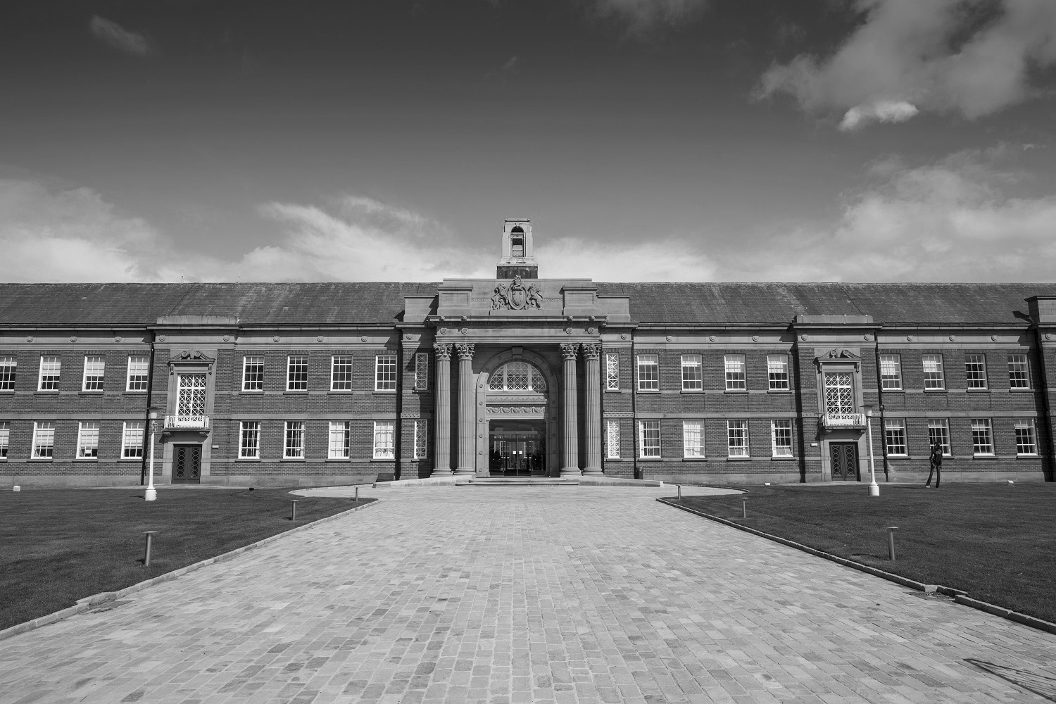 Black and white photograph of the Main Building entrance
