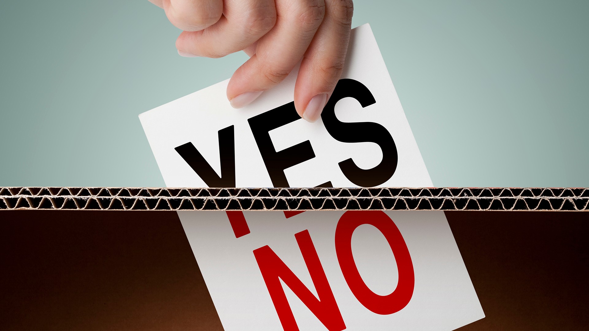 An image of a piece of paper, with the words "Yes" and "No" on being inserted into a carboard box.