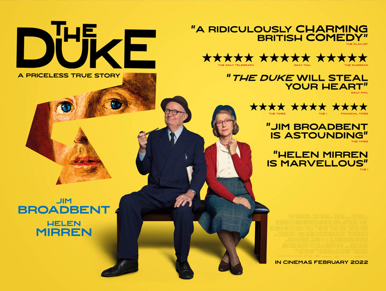 Jim Broadbent and Helen Mirren sit on a bench together for 'The Duke' poster picture.