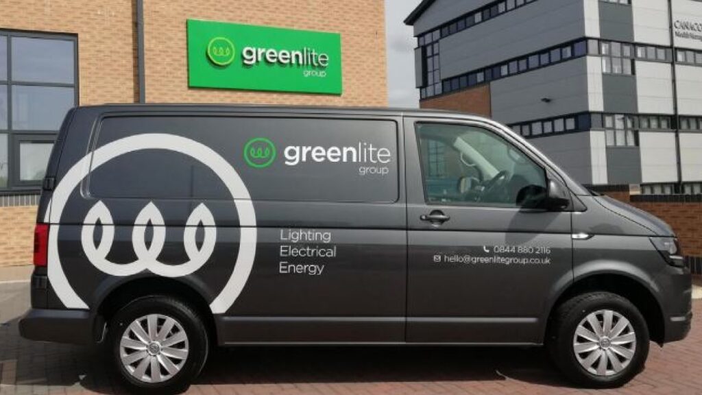 Greenlite van outside the headoffice with Greenlit logo and branding