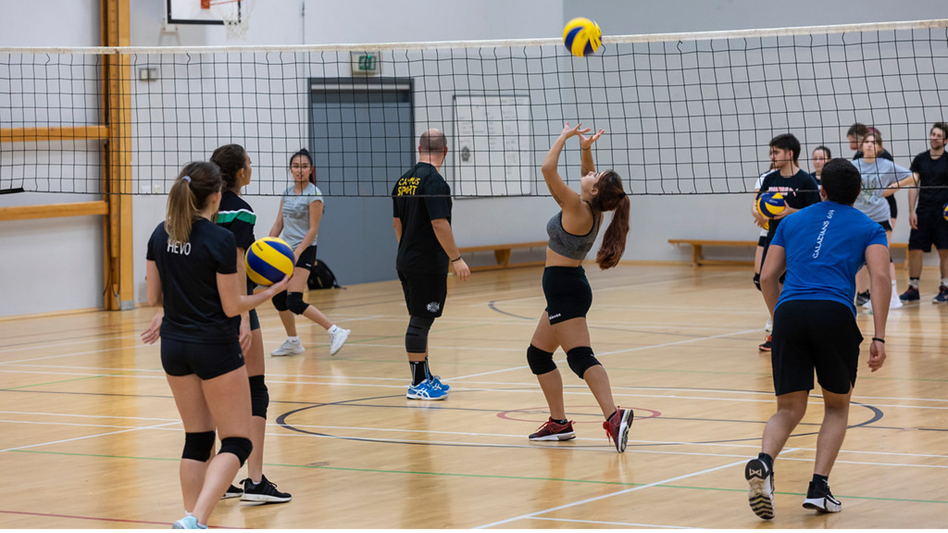 A group of students play volleyball