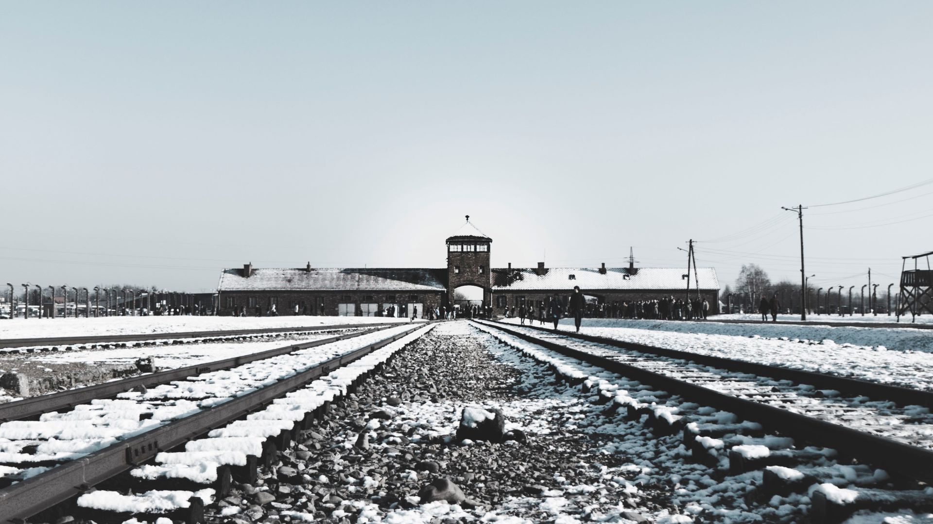 A picture of the gates to the Auschwitz-Birkenau concentration camp.