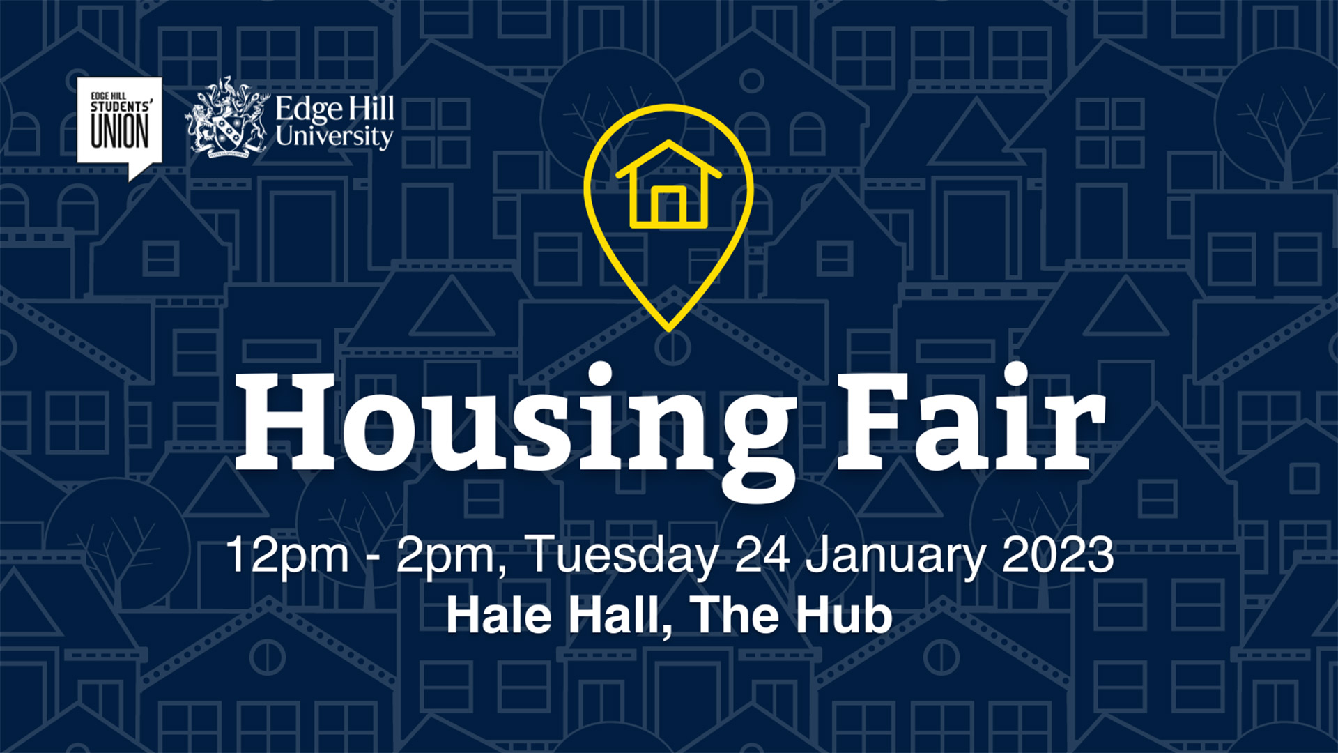 Housing Fair graphic showing the key information about the housing fair which is that it's on Tuesday 24 January, 12-2pm in The Hub
