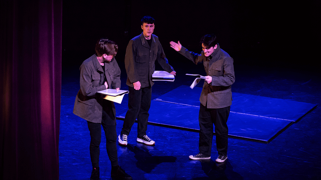 3 men in a cell: Edge Hill drama students read through Kate's play. Photograph taken by Brian Sayle for Edge Hill University 