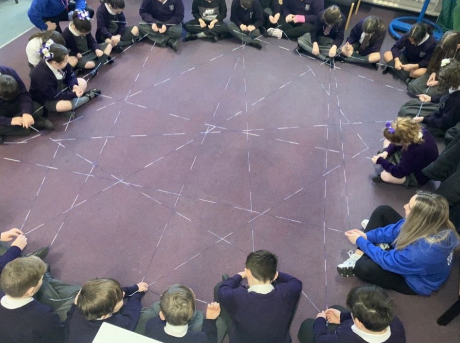 A group of children viewed from above sit in a circle holding woollen string between them to illustrate how they are connected.