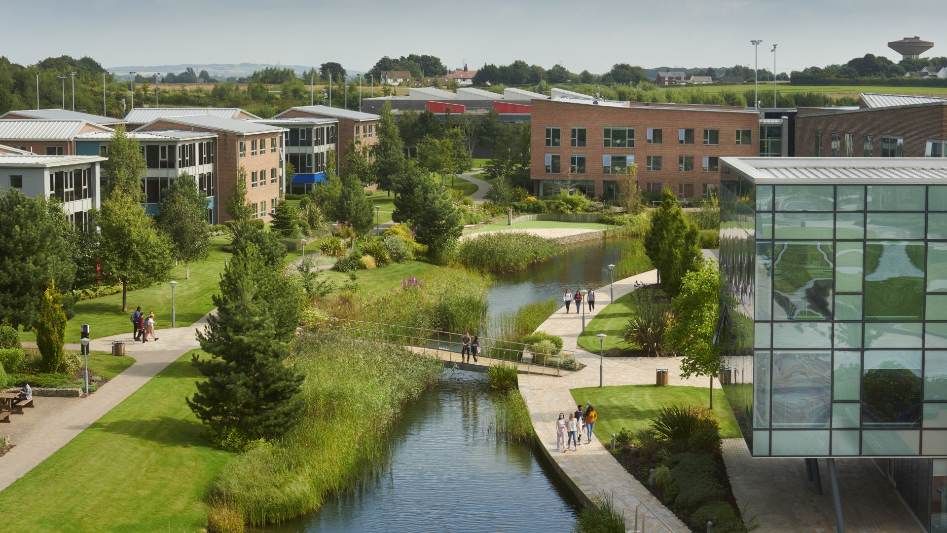 Accommodation building beside the lake on Edge Hill University campus.