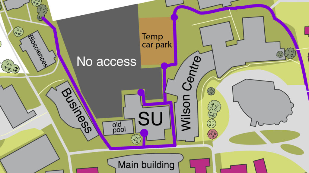 Edge Hill Campus map showing no access behind the SU building. Accessible pathway runs between the SU and Wilson Centre.