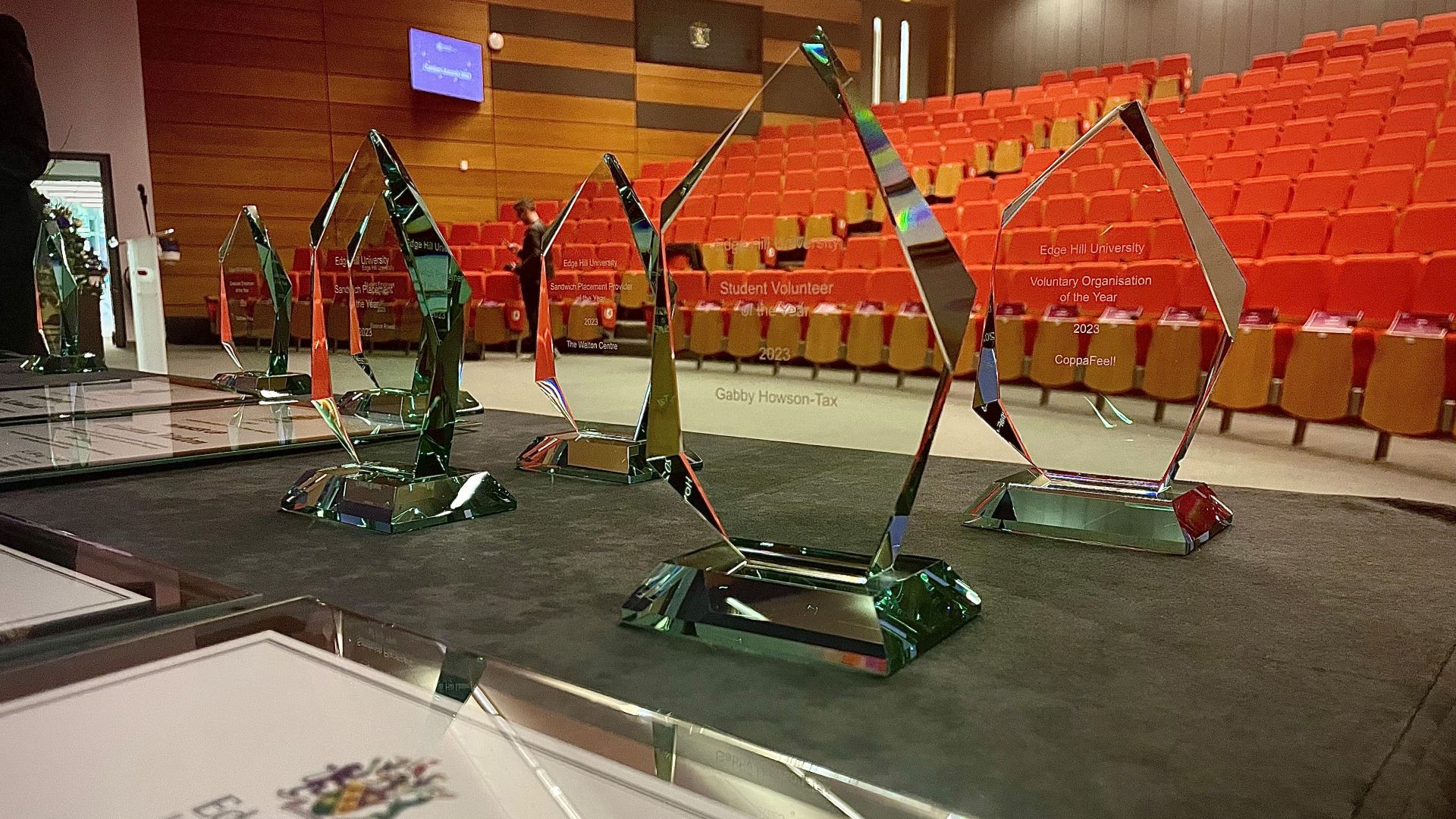 A row of trophies presented to Edge Hill students at the Careers awards.