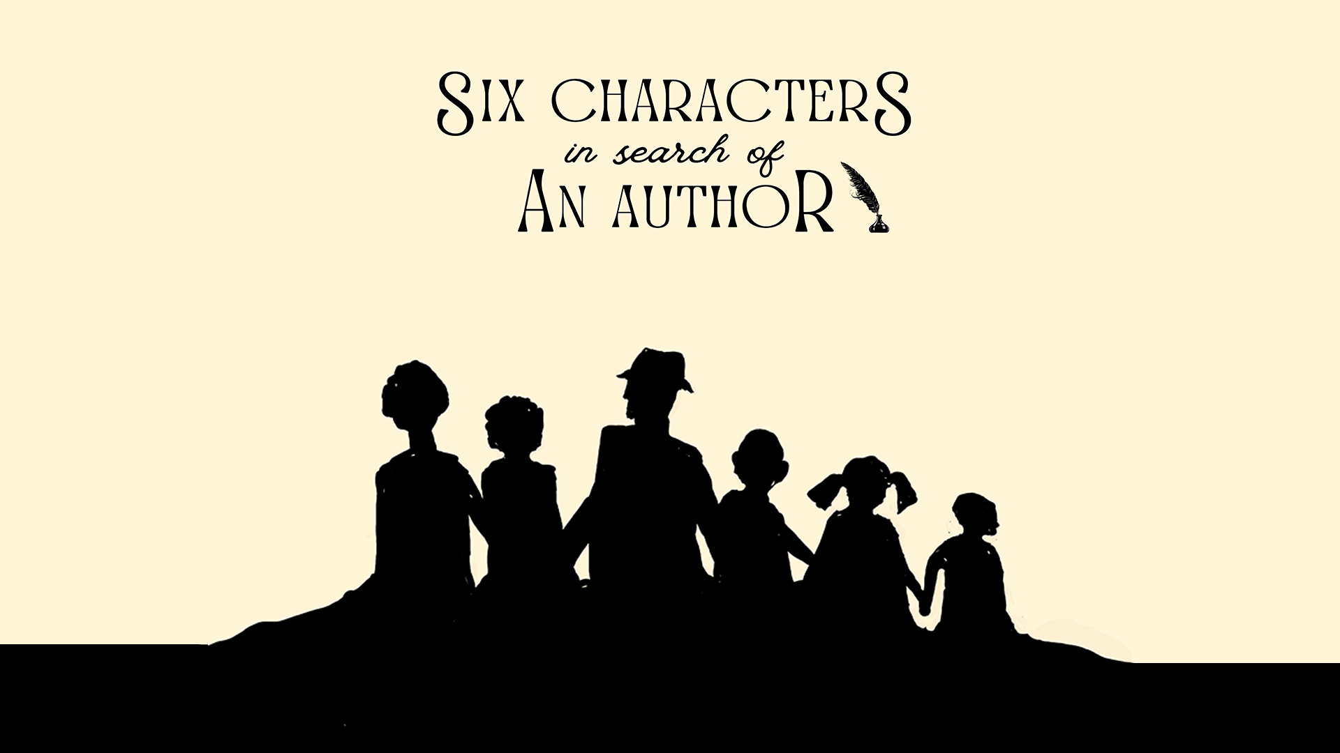 A poster for the dramatization of Anthony Mortimer's translation of Luigi Pirandello's Six Characters in Search of an Author. It shows the text's six characters in silhouette.