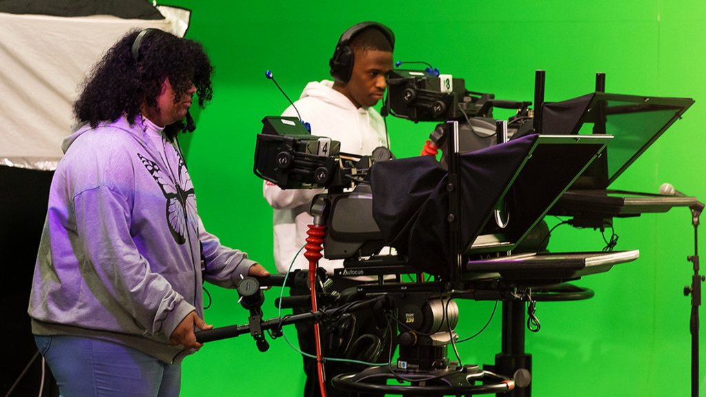 Students filming in the Creative Edge TV Studio