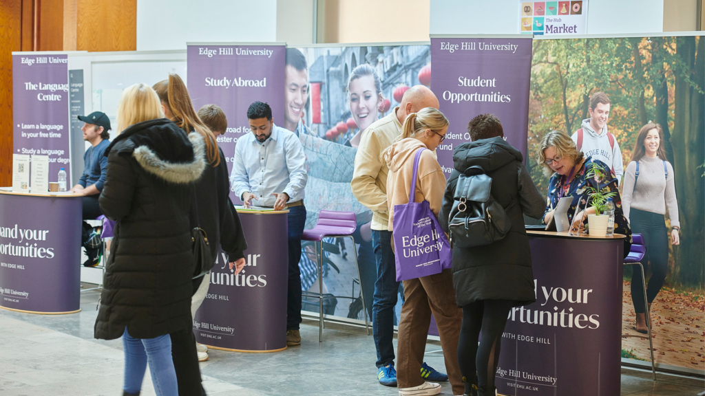 Members of staff help students at Open day. It includes Student Opportunities, Study Abroad, and the Language Centre.