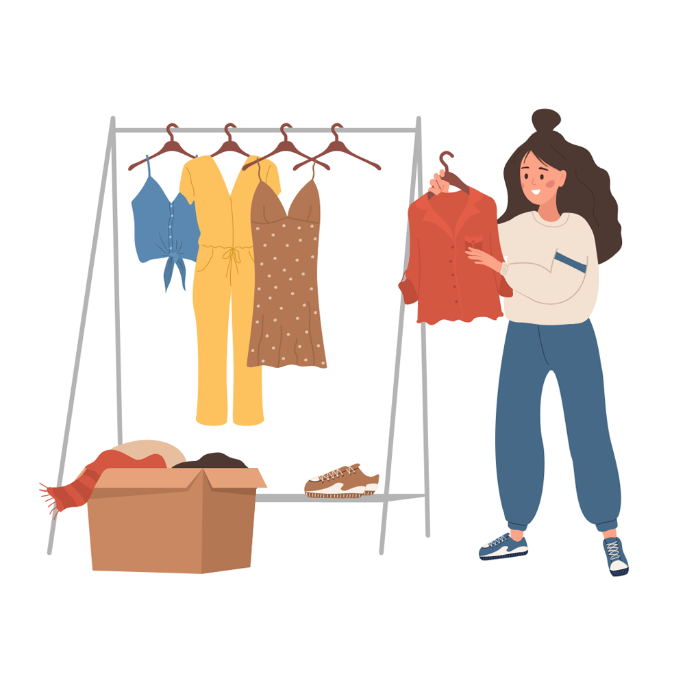 Graphic of a person unpacking a box of clothing and putting them on clothes hangers.