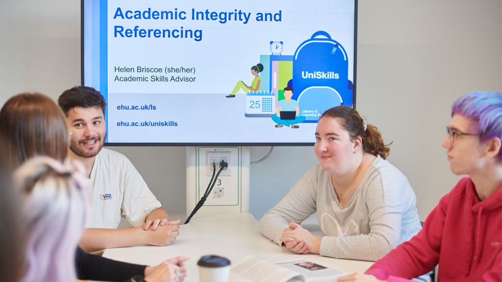 Four students attend a UniSkills session focused on Academic Integrity and Referencing. 