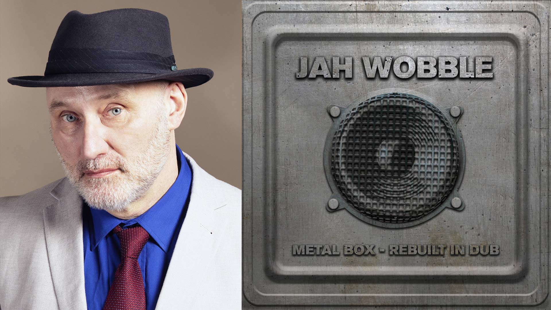 A photograph of performer Jah Wobble next to a large metal speaker