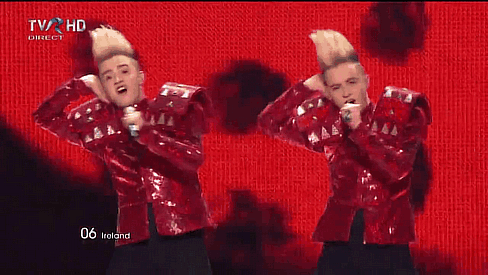 Jedward performing at the Eurovision Song Contest.