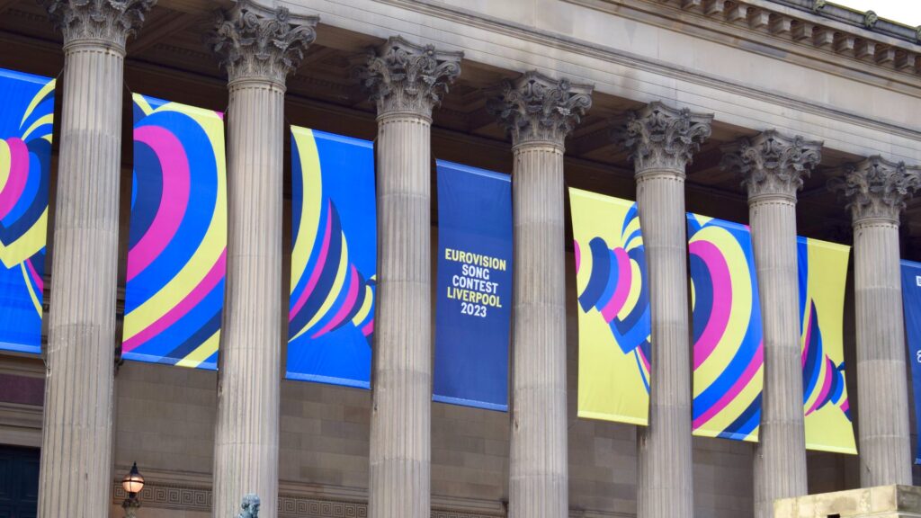 St George's Hall, Liverpool, decked out in Eurovision artwork.