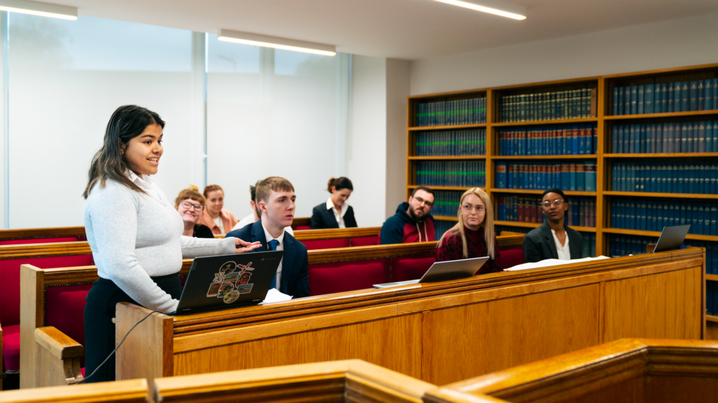 Law students practicing advocacy skills in the Mooting Room.