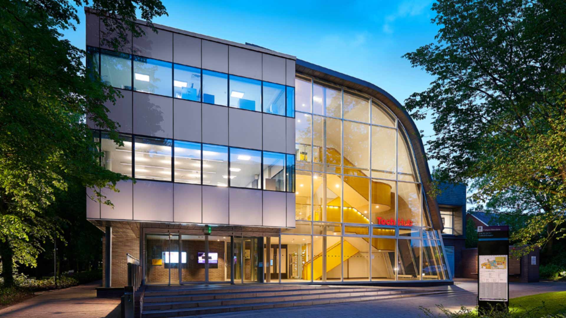 The Tech Hub building at sunset.
