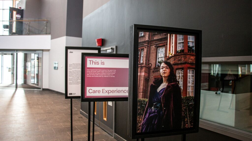 Image of signs promoting ‘This is Care Experienced’ in Creative Edge