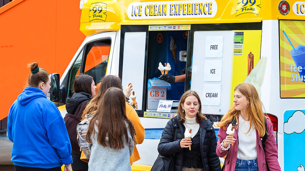 An ice cream van set outside the Hub for a Student Life event.