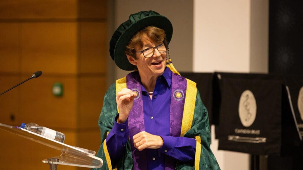 Chancellor Dawn Airey speaks at a 2023 graduation ceremony.