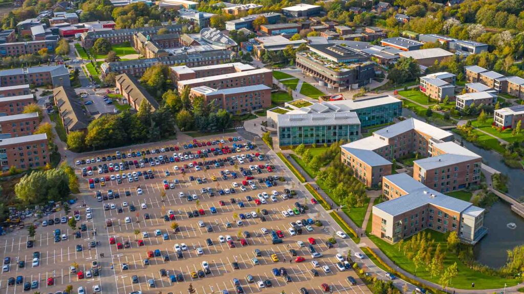 aerial shot of campus carpark