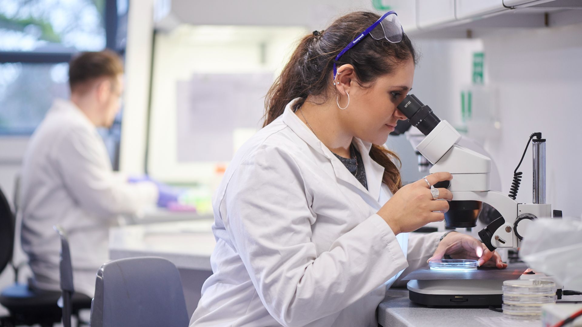 Student in a white lab coat looking into a microscope.