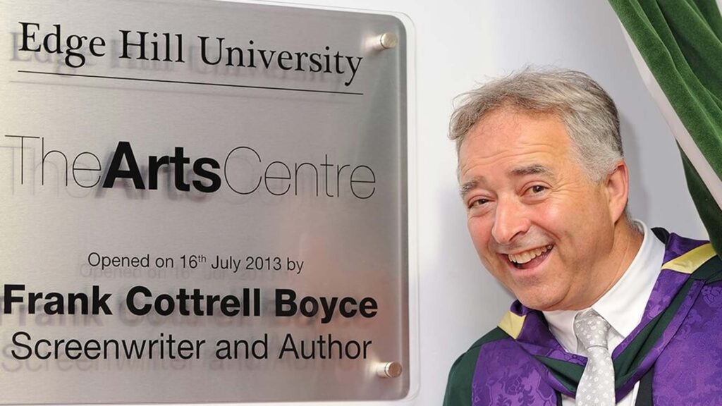 Frank Cottrell Boyce with his honorary plaque in The Arts Centre