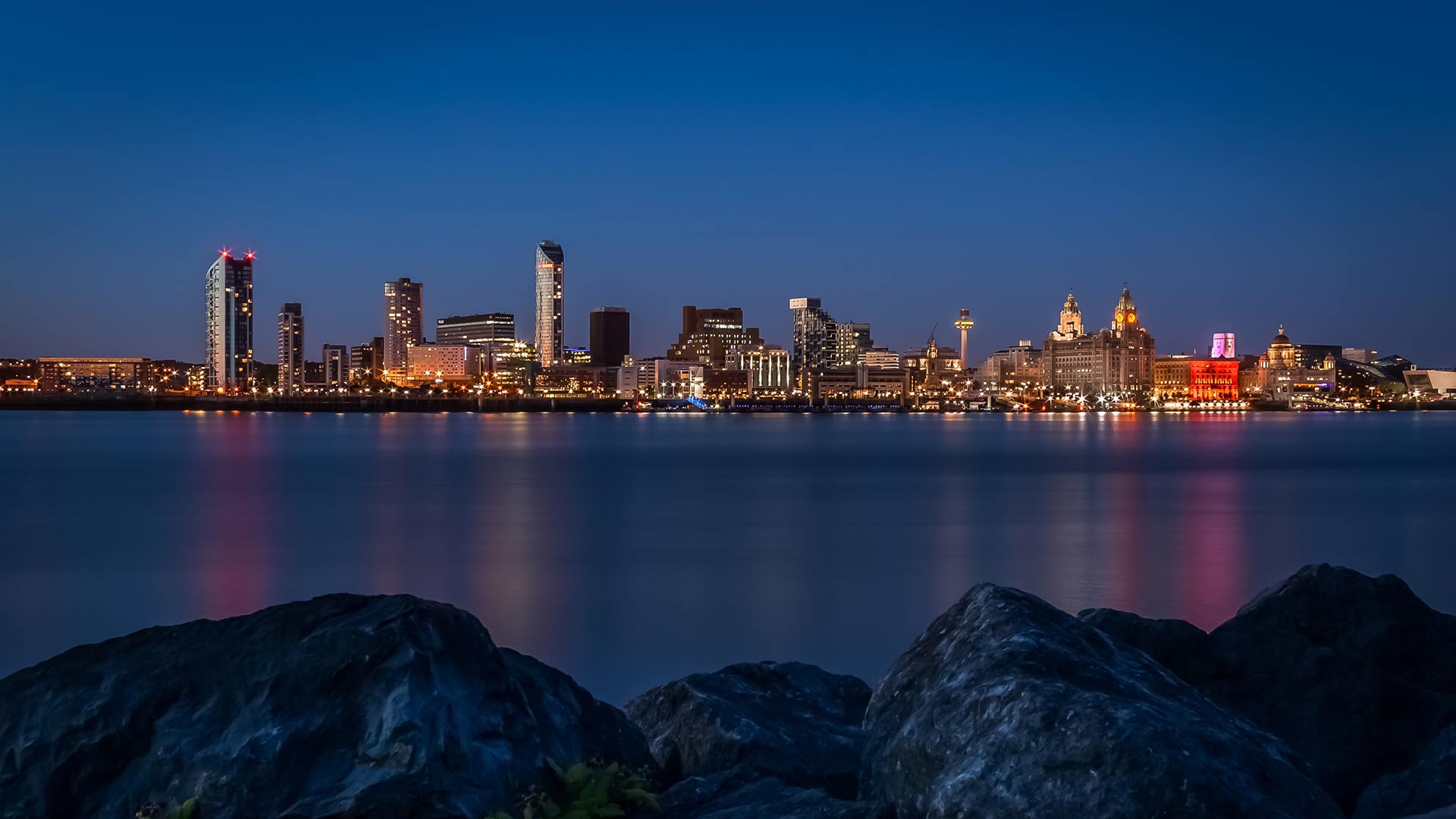 Liverpool skyline at night.