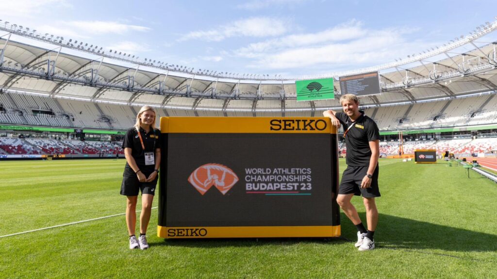 Mia Butler and Tom O'Brien working for Seiko at the World Athletics Championships in Budapest.