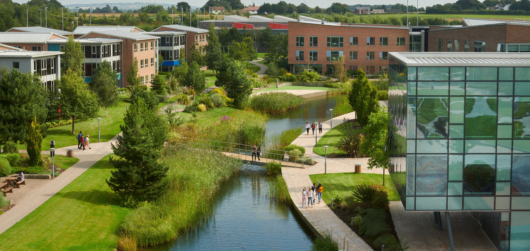 Aerial top view of campus facing towards chancellors court