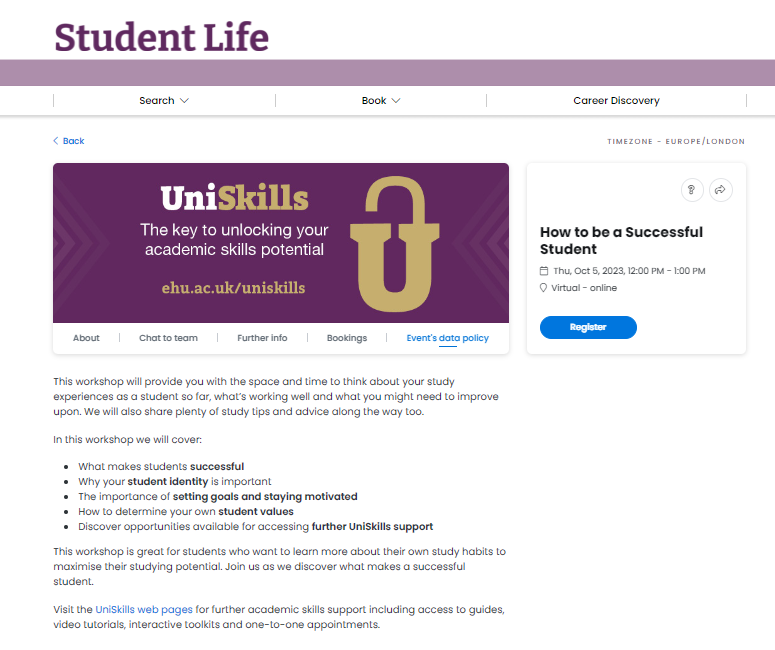 Example screen shot of the Student Life Portal displaying the UniSkills Workshop entry for How to be a Successful Student.