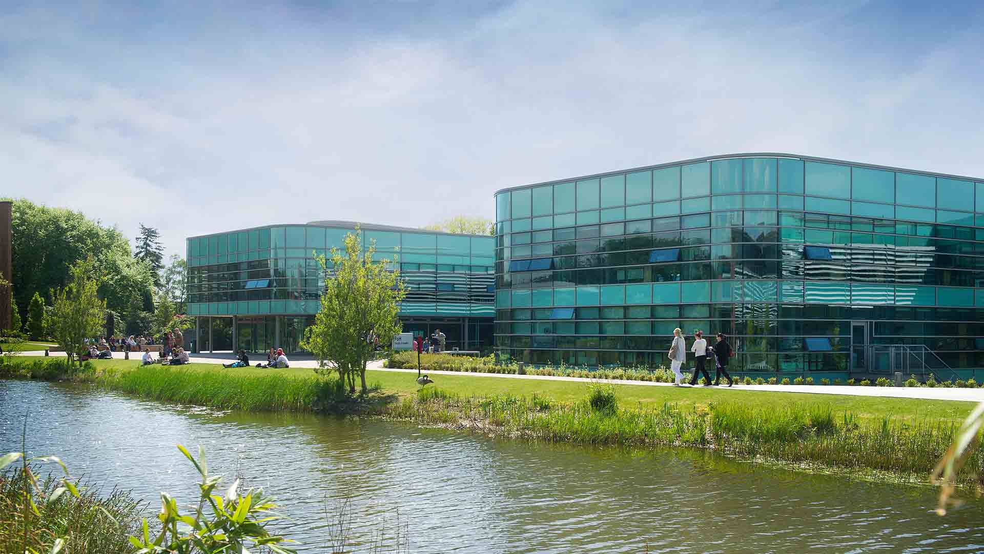 A view of the Health building from across the lake.