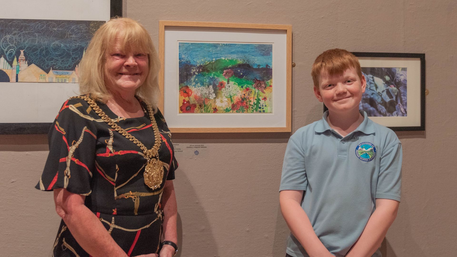 dot art Schools 2023 Overall Primary Winner Archie Kent Bridgemere CE Primary School with Lord Mayor.